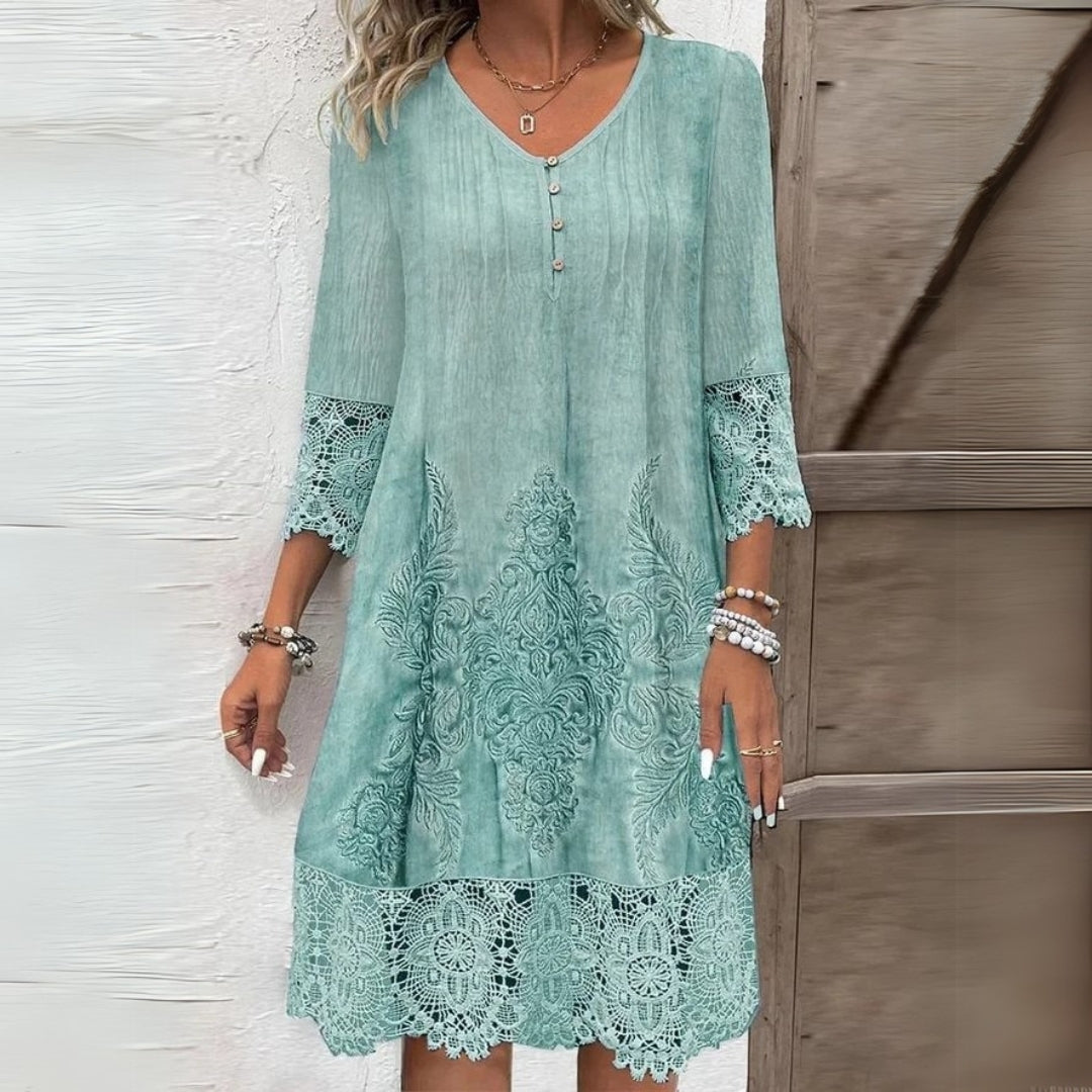 Casual Short Dress with 3/4 Sleeves and Lace Details for Women
