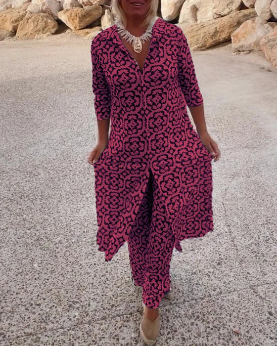 Ensemble Femme Imprimé Géométrique Élégant avec Tunique Fluide et Pantalon Assorti