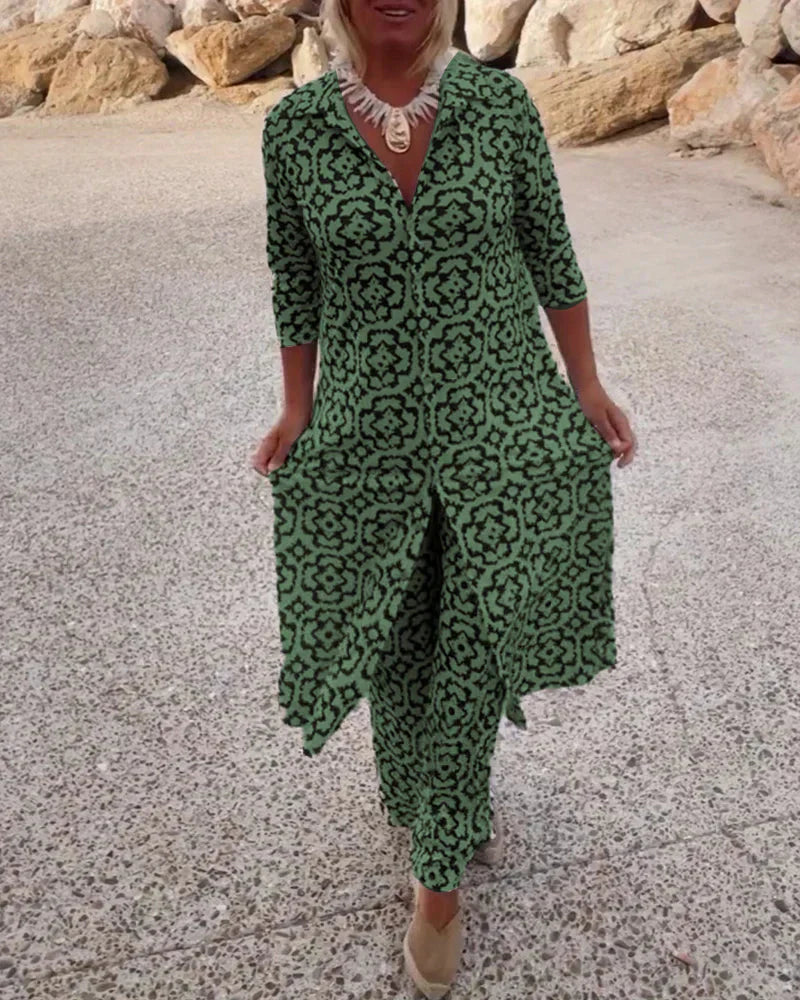 Ensemble Femme Imprimé Géométrique Élégant avec Tunique Fluide et Pantalon Assorti