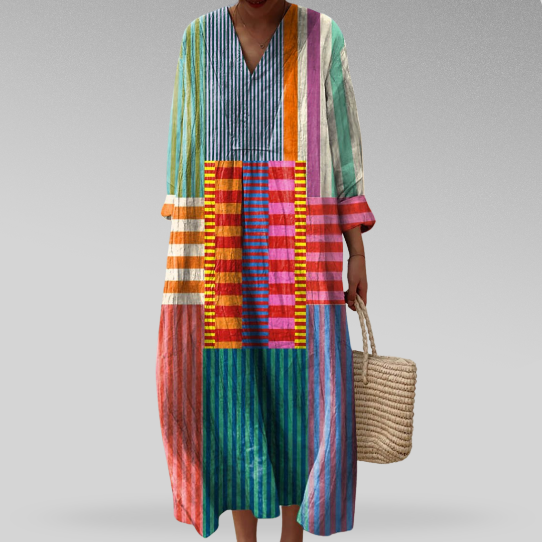 Robe Midi Femme Patchwork Multicolore à Rayures Artistiques