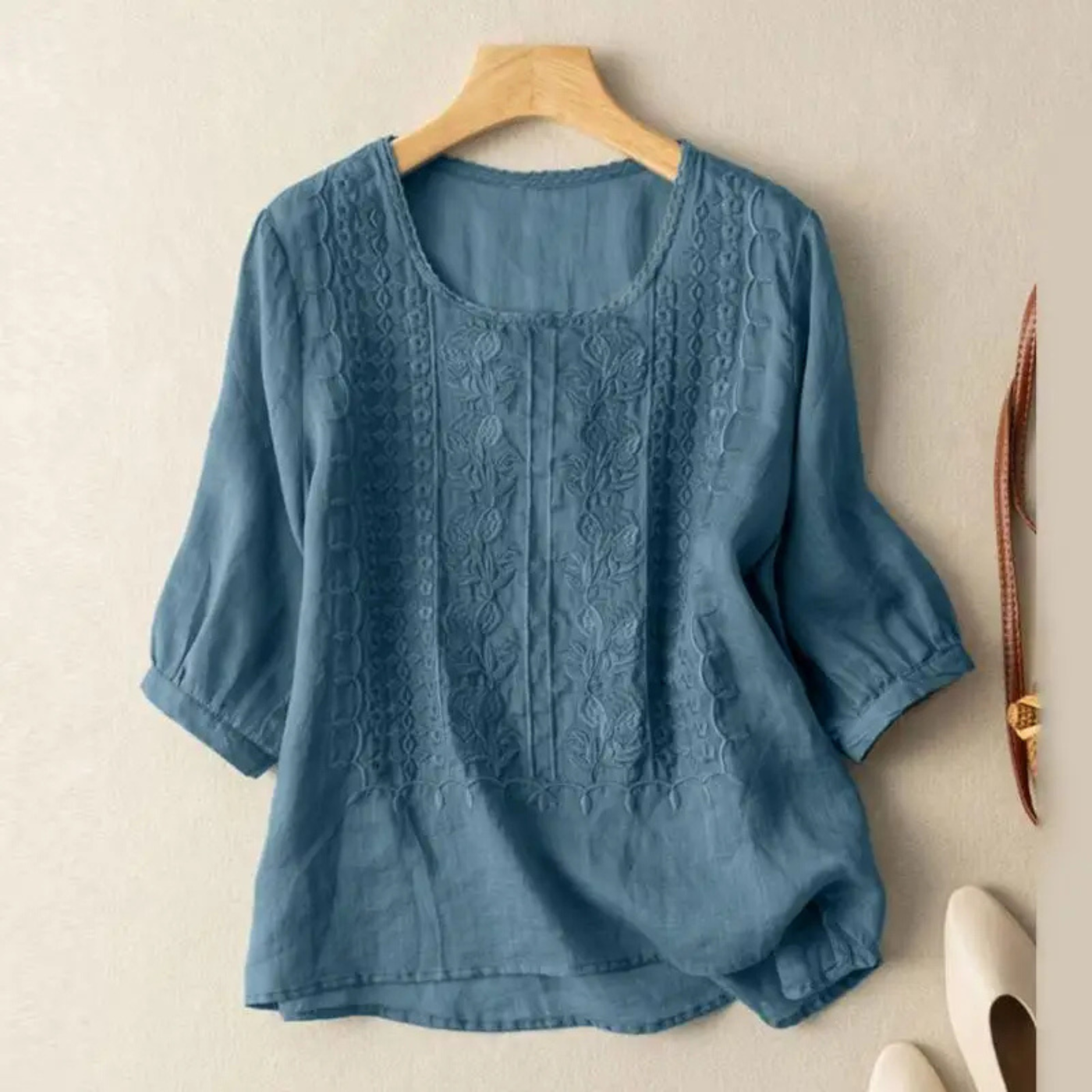 Blouse Femme Brodée à Manches 3/4 avec Détails Texturés