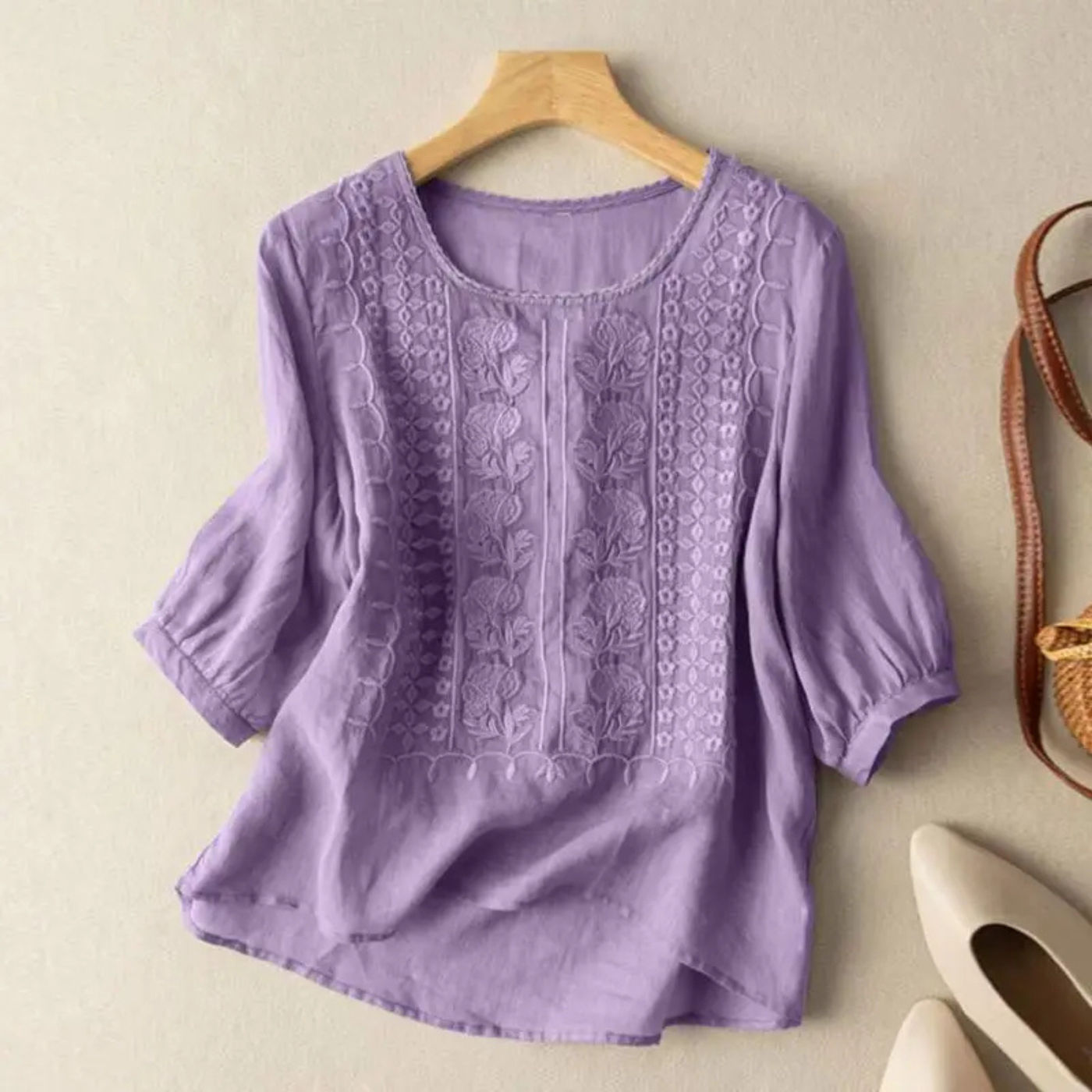Blouse Femme Brodée à Manches 3/4 avec Détails Texturés