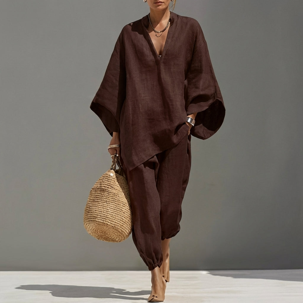 Ensemble Femme Oversize Chic avec Tunique Asymétrique Fluide et Pantalon Décontracté Élégant