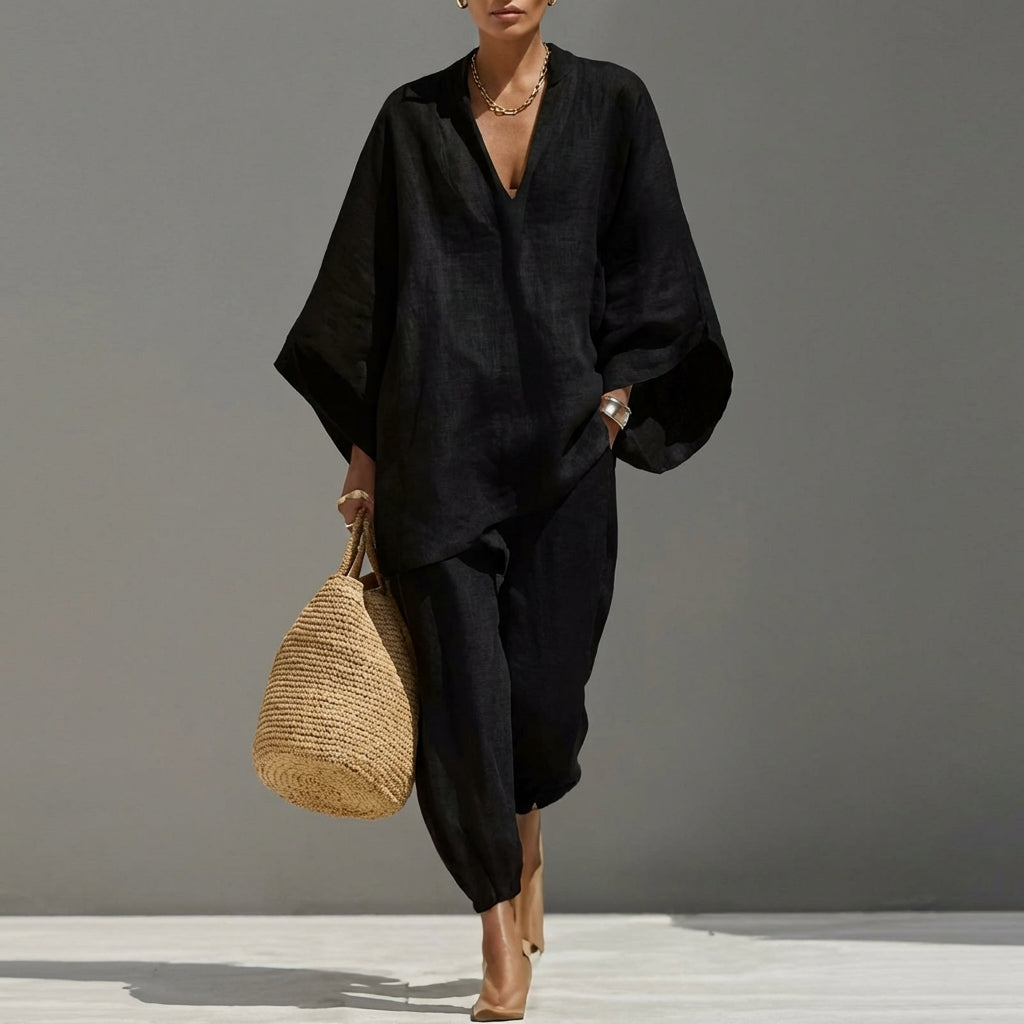 Ensemble Femme Oversize Chic avec Tunique Asymétrique Fluide et Pantalon Décontracté Élégant