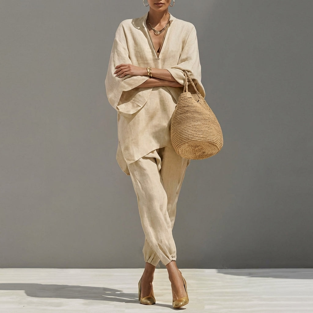 Ensemble Femme Oversize Chic avec Tunique Asymétrique Fluide et Pantalon Décontracté Élégant