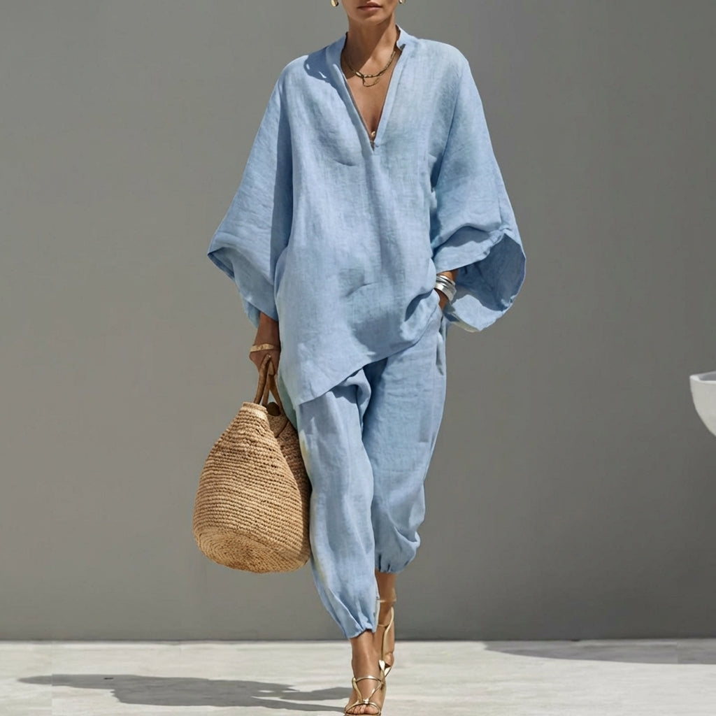 Ensemble Femme Oversize Chic avec Tunique Asymétrique Fluide et Pantalon Décontracté Élégant