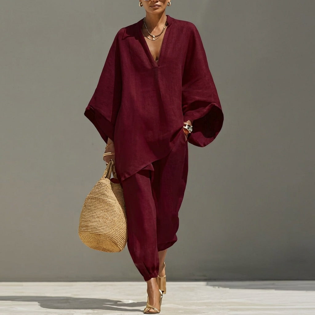 Ensemble Femme Oversize Chic avec Tunique Asymétrique Fluide et Pantalon Décontracté Élégant