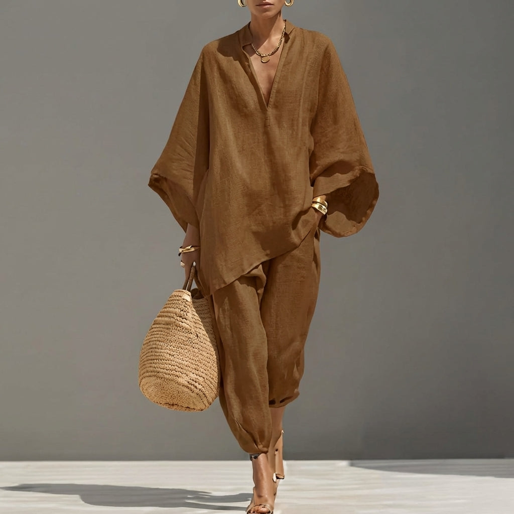 Ensemble Femme Oversize Chic avec Tunique Asymétrique Fluide et Pantalon Décontracté Élégant