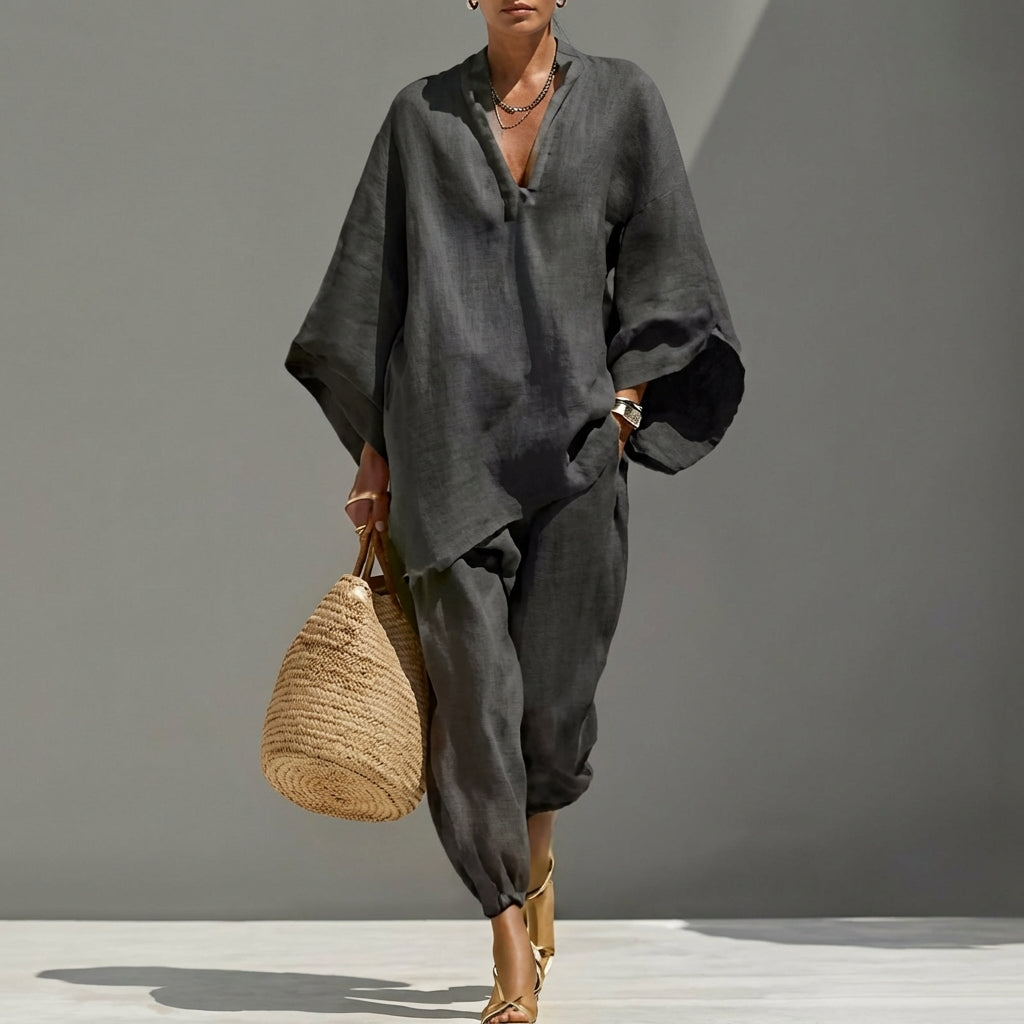 Ensemble Femme Oversize Chic avec Tunique Asymétrique Fluide et Pantalon Décontracté Élégant