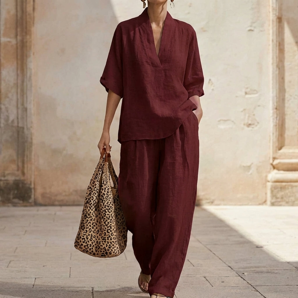 Ensemble Femme Décontracté Chic avec Blouse Ample à Col V et Pantalon Fluide Assorti