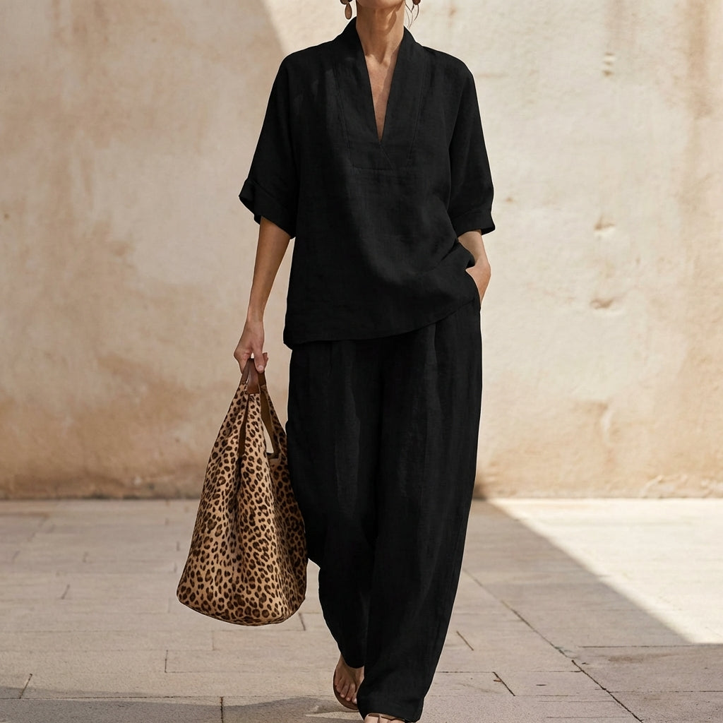 Ensemble Femme Décontracté Chic avec Blouse Ample à Col V et Pantalon Fluide Assorti