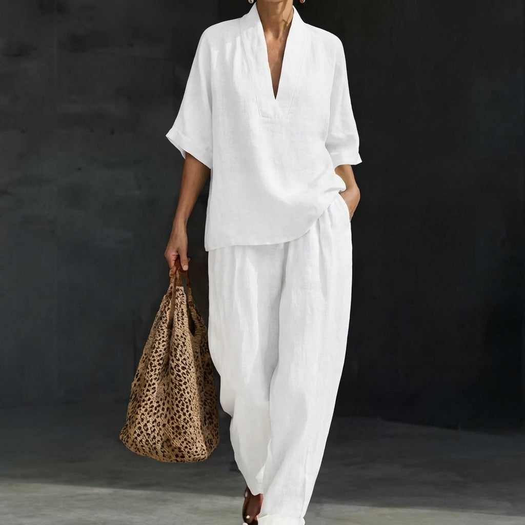 Ensemble Femme Décontracté Chic avec Blouse Ample à Col V et Pantalon Fluide Assorti