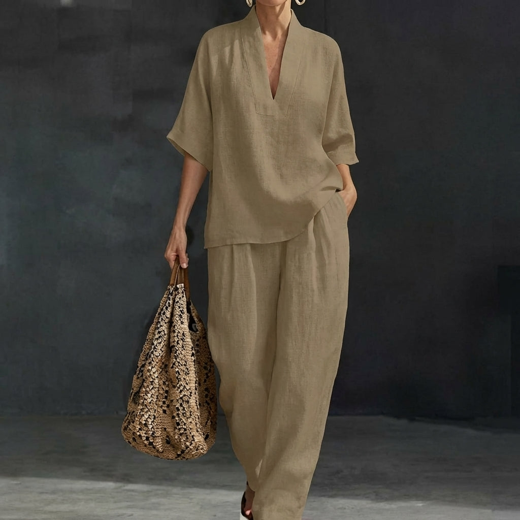 Ensemble Femme Décontracté Chic avec Blouse Ample à Col V et Pantalon Fluide Assorti