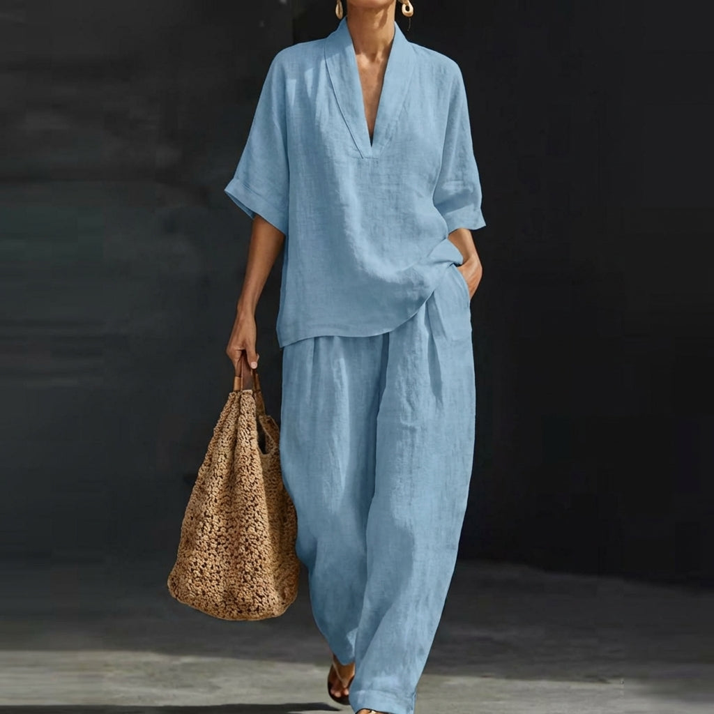Ensemble Femme Décontracté Chic avec Blouse Ample à Col V et Pantalon Fluide Assorti
