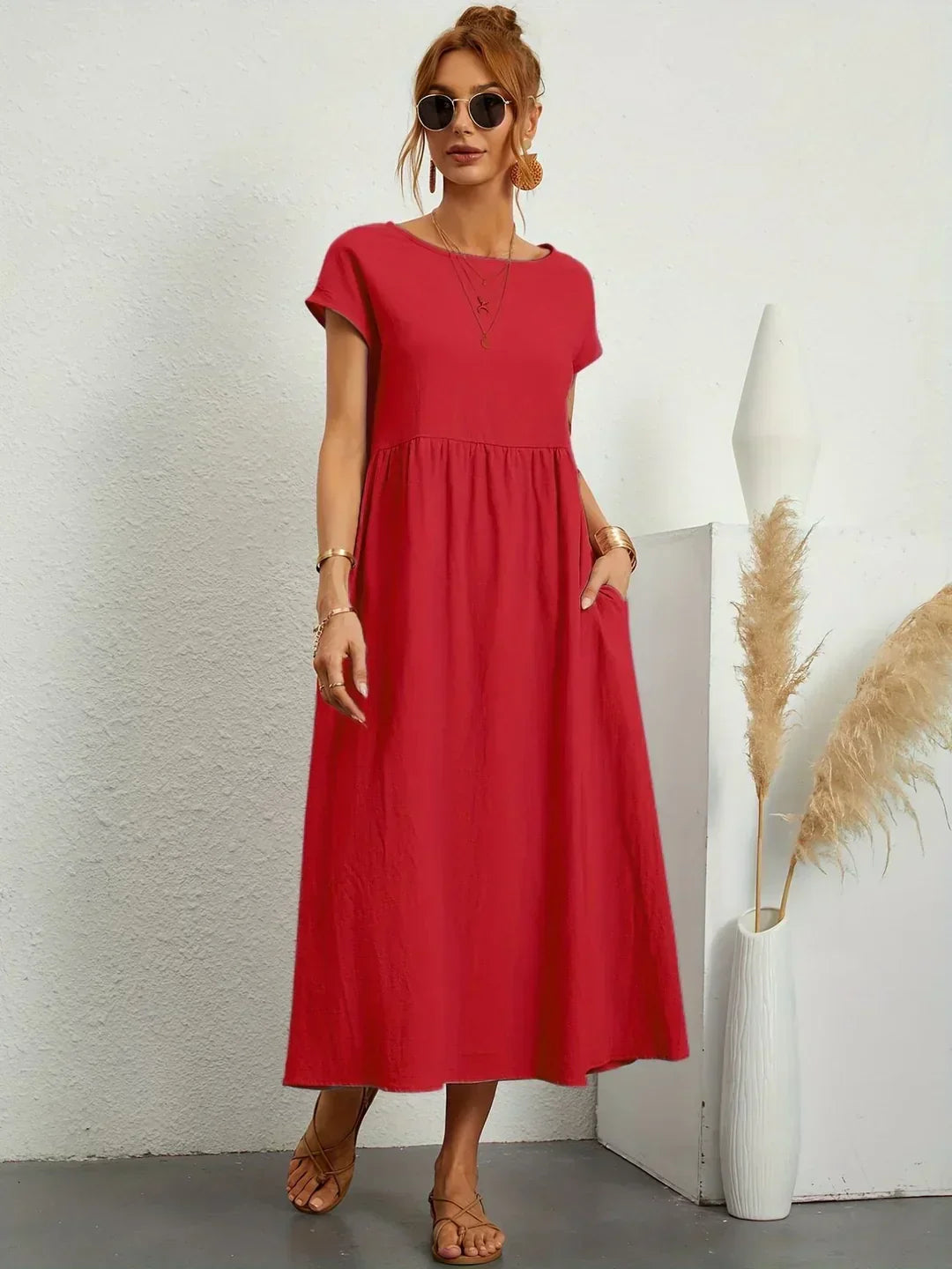 Robe Maxi Femme Élégante à Taille Froncée avec Coupe Fluide
