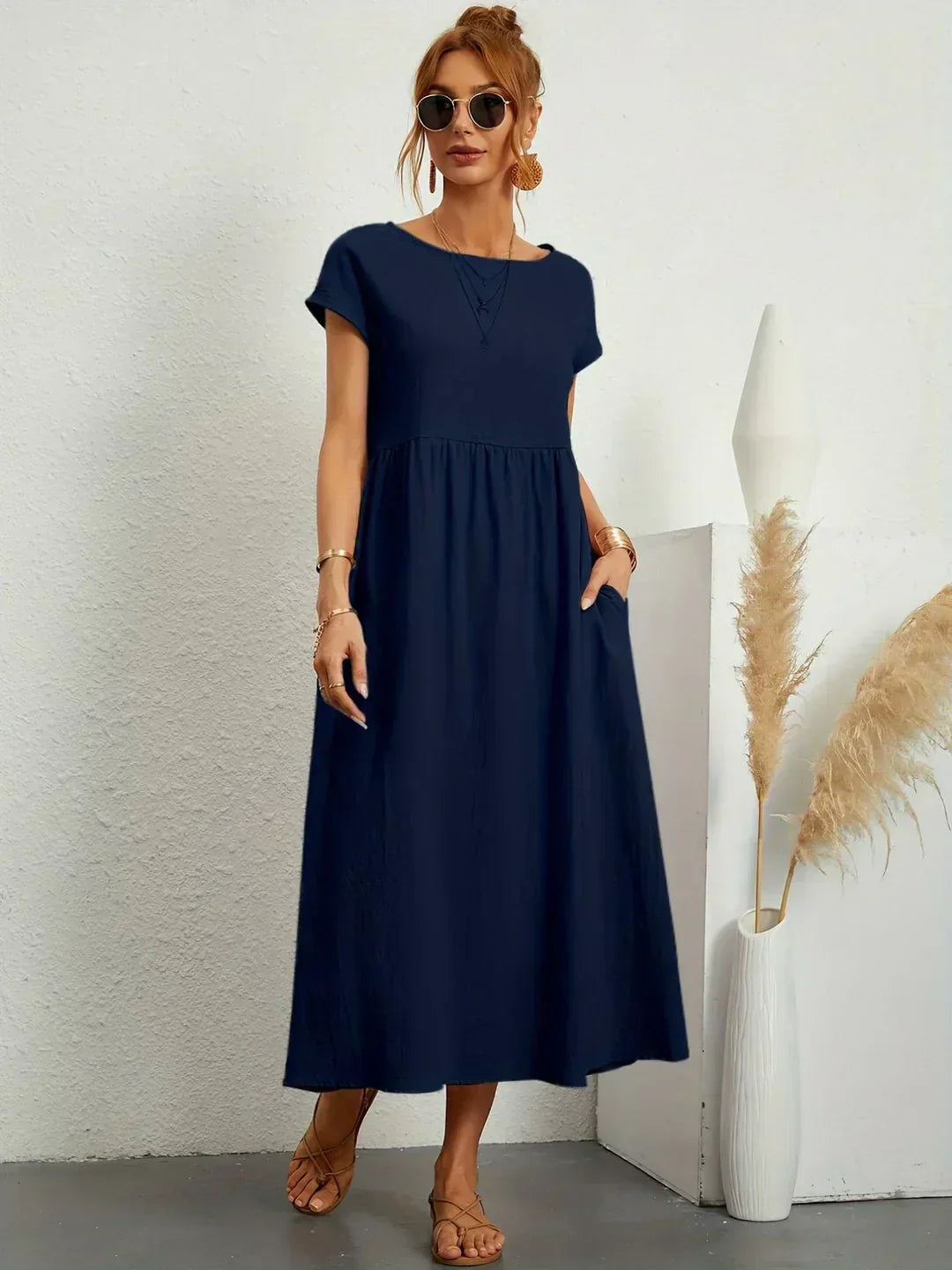 Robe Maxi Femme Élégante à Taille Froncée avec Coupe Fluide