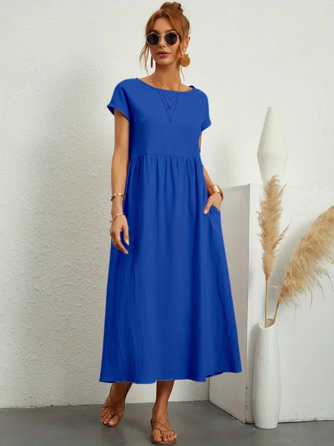Robe Maxi Femme Élégante à Taille Froncée avec Coupe Fluide