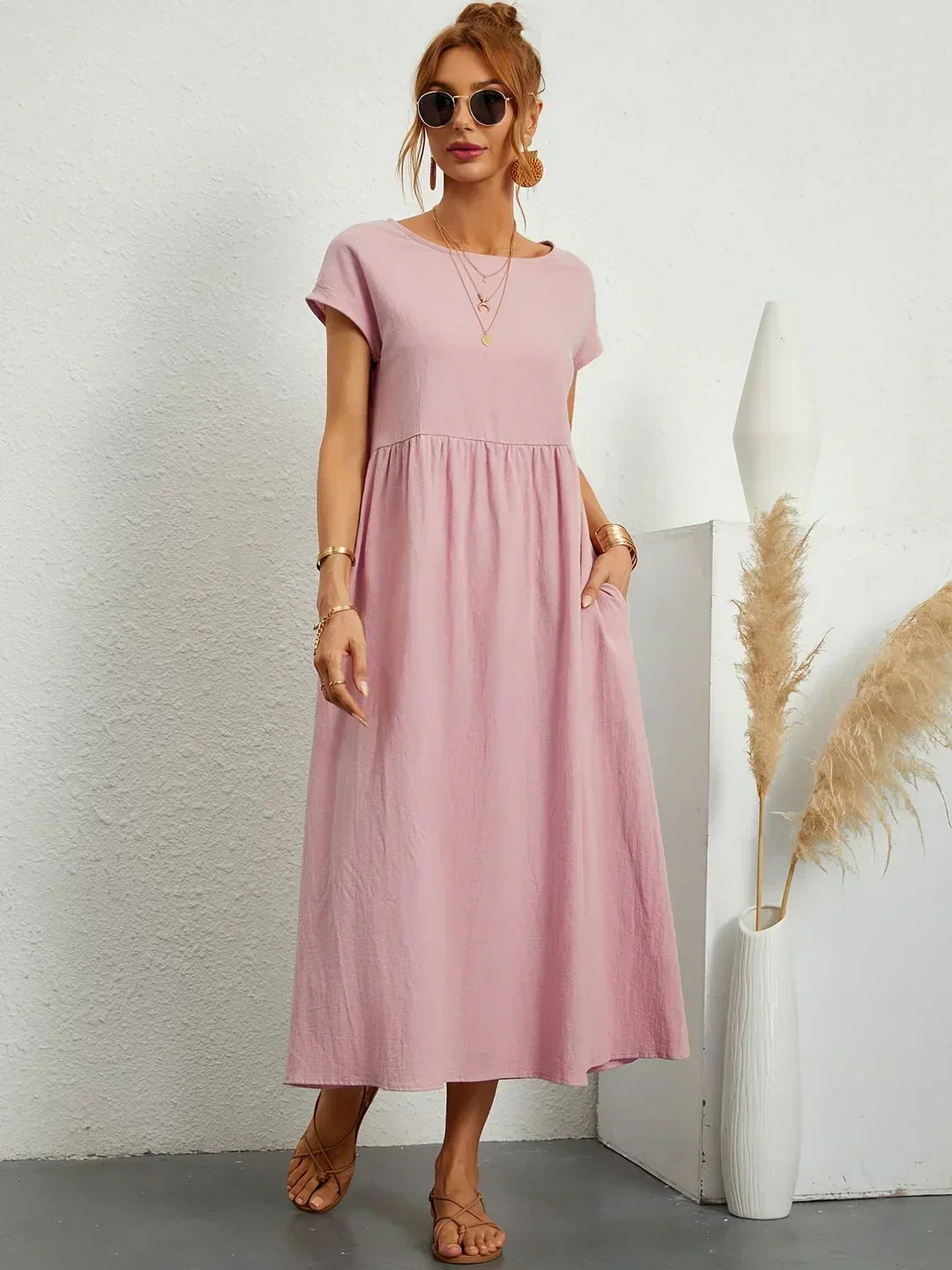 Robe Maxi Femme Élégante à Taille Froncée avec Coupe Fluide