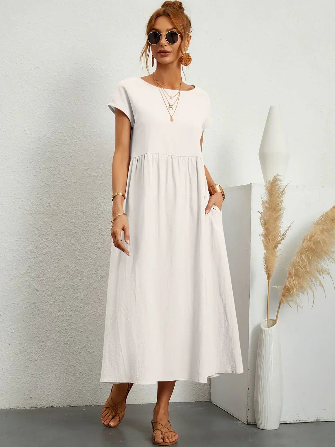 Robe Maxi Femme Élégante à Taille Froncée avec Coupe Fluide