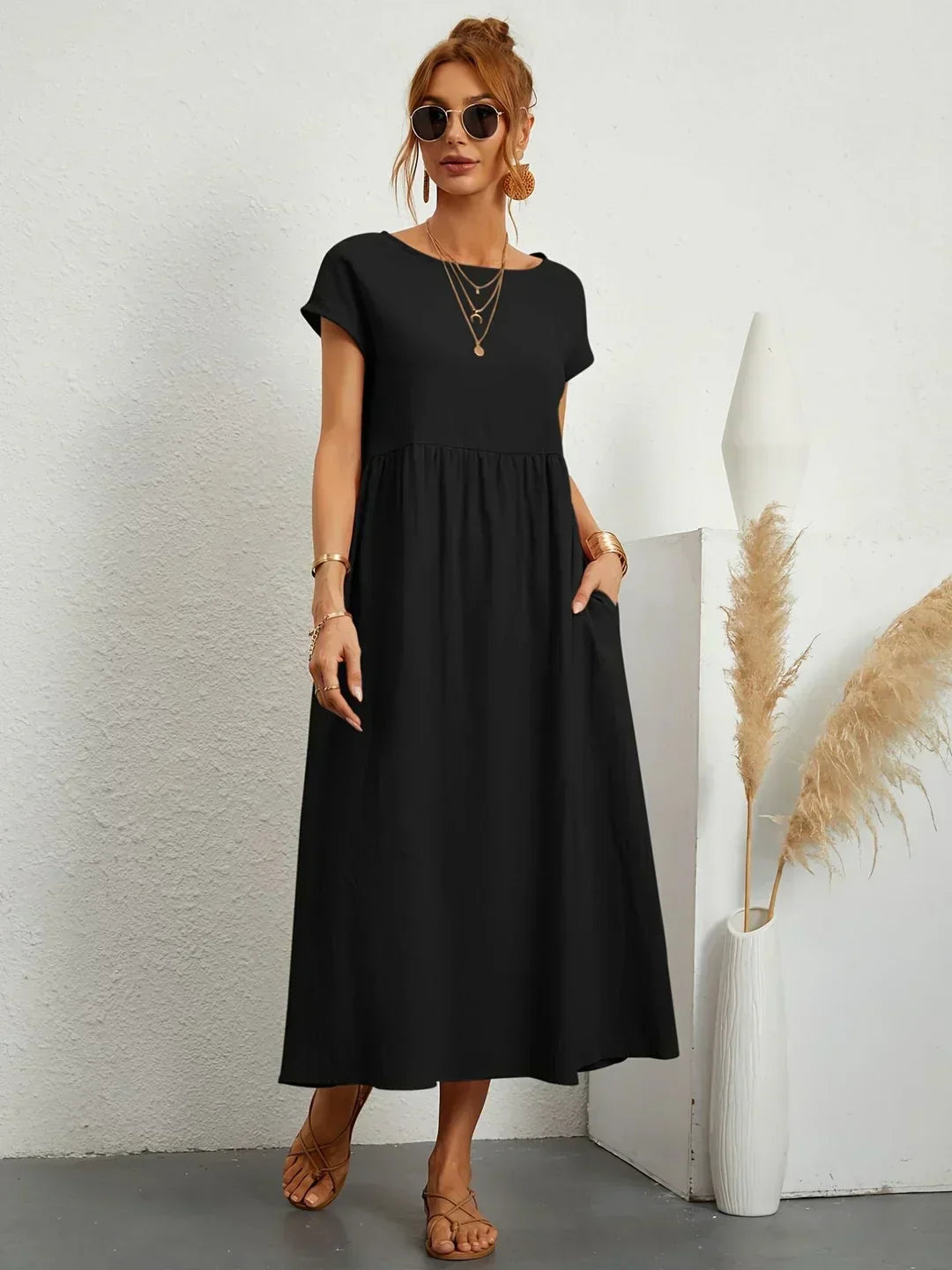 Robe Maxi Femme Élégante à Taille Froncée avec Coupe Fluide