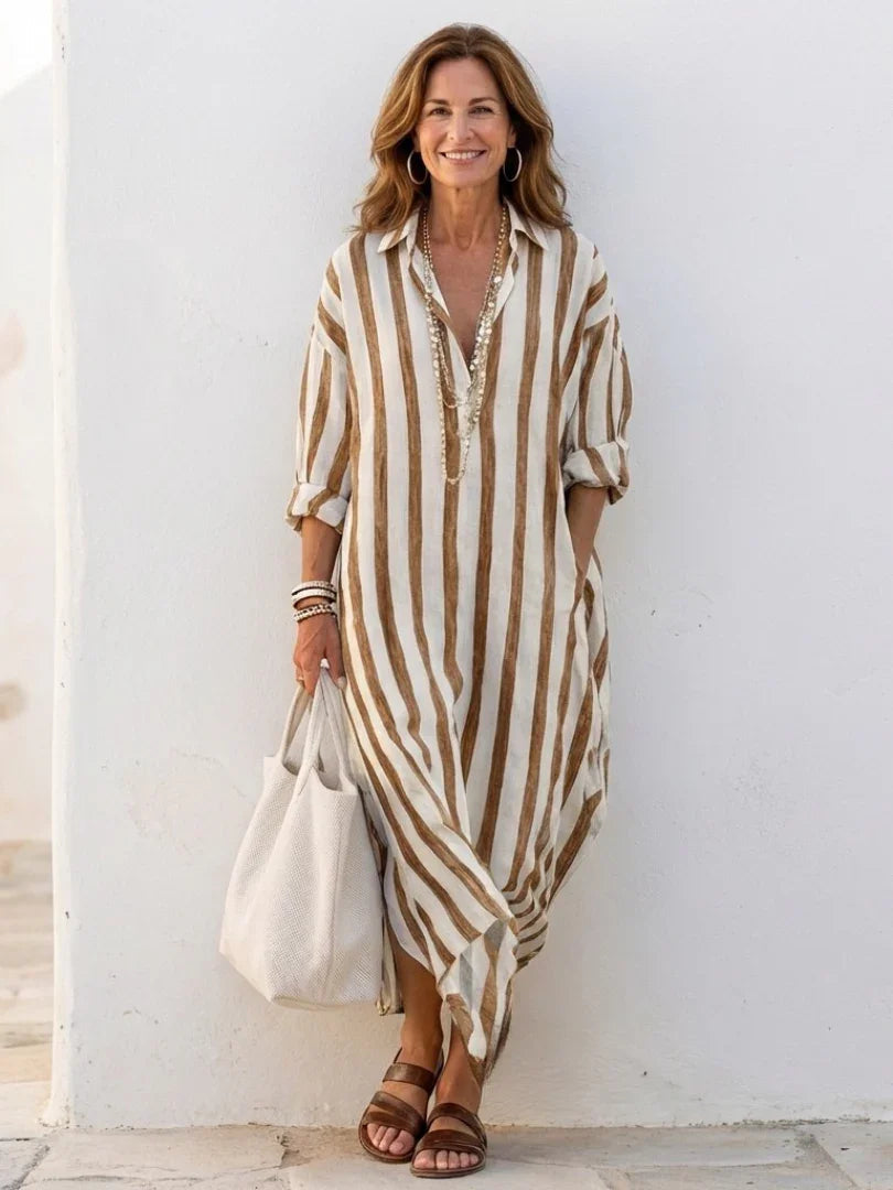 Women's Midi Shirt Dress with Vertical Stripes and Classic Collar