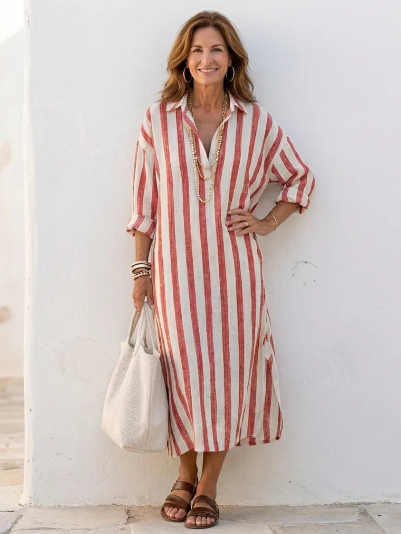 Women's Midi Shirt Dress with Vertical Stripes and Classic Collar
