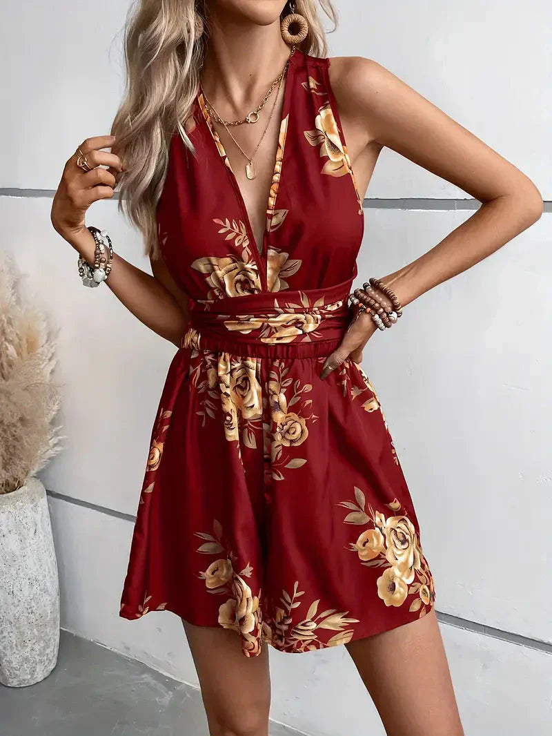 Floral Cross-Back Romper Dress for Women