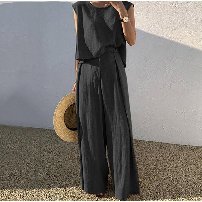 Ensemble 2 Pièces Décontracté à Pantalon Large pour Femme