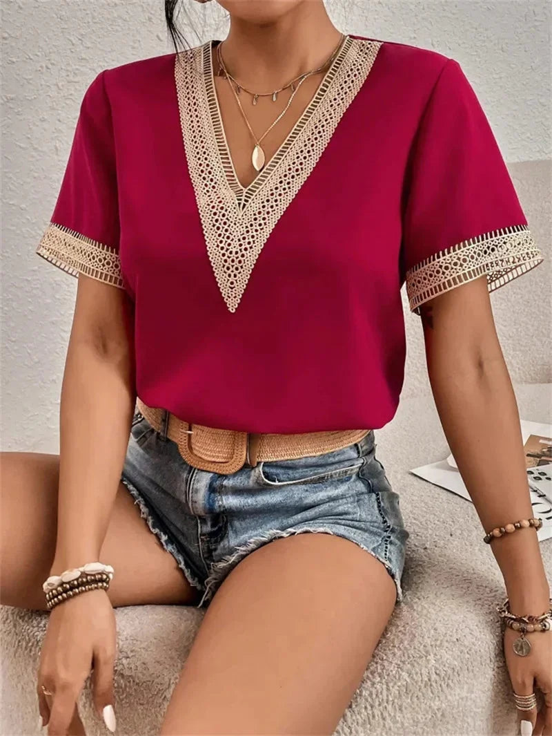 Elegant V-Neck Embroidered Blouse with Short Sleeves for Women