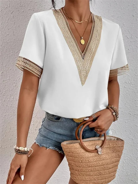Elegant V-Neck Embroidered Blouse with Short Sleeves for Women
