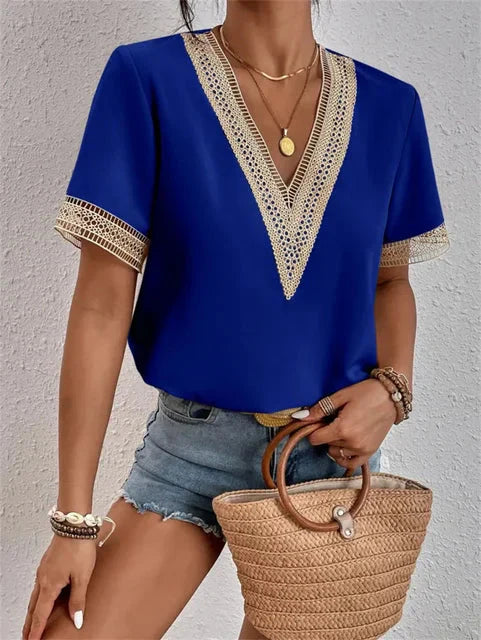 Elegant V-Neck Embroidered Blouse with Short Sleeves for Women