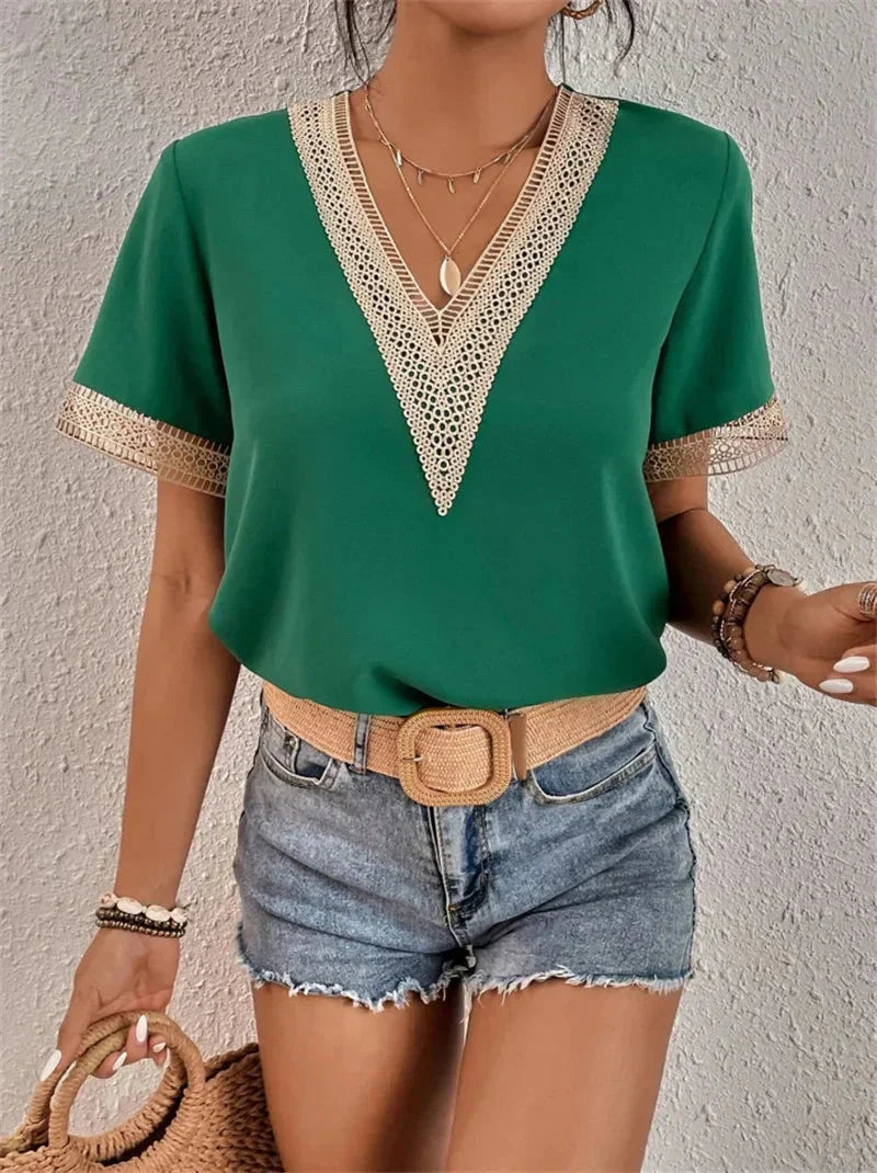 Elegant V-Neck Embroidered Blouse with Short Sleeves for Women