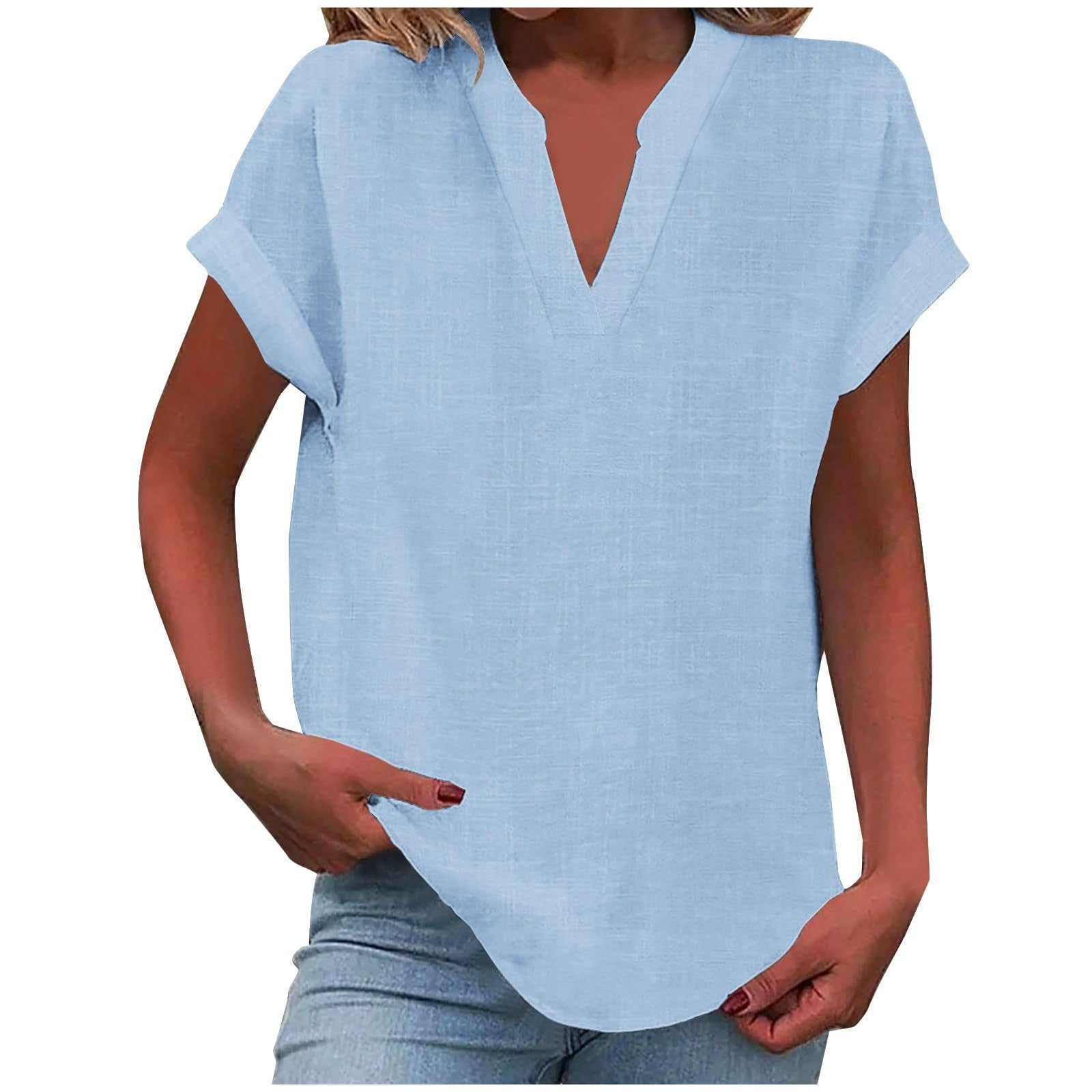 Top femme col V manches courtes coupe ample style décontracté
