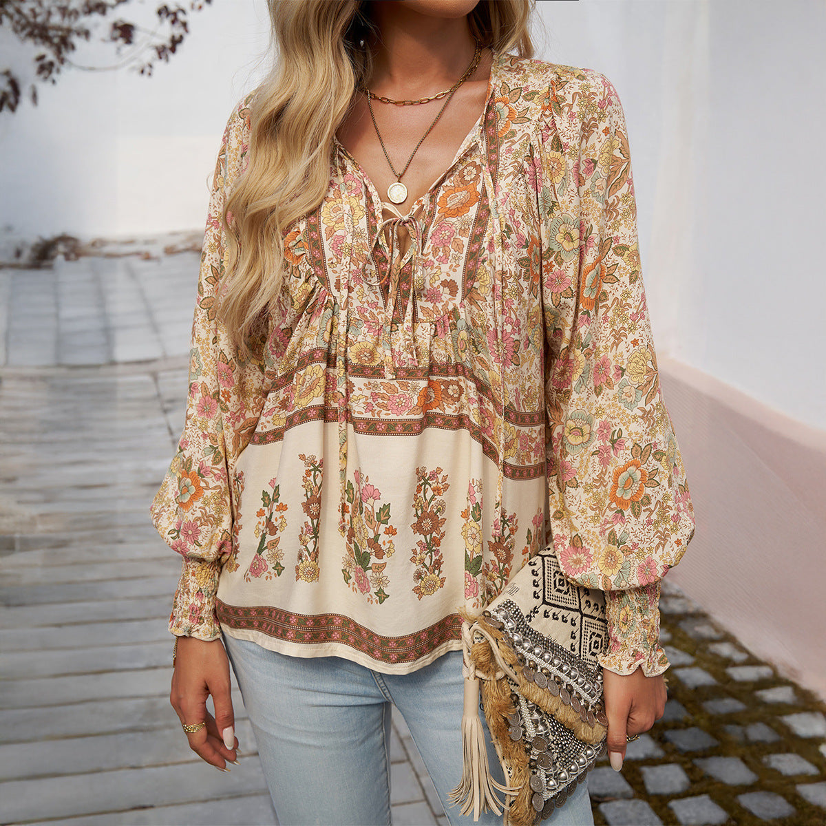 Blouse Bohème Femme Imprimée à Manches Longues