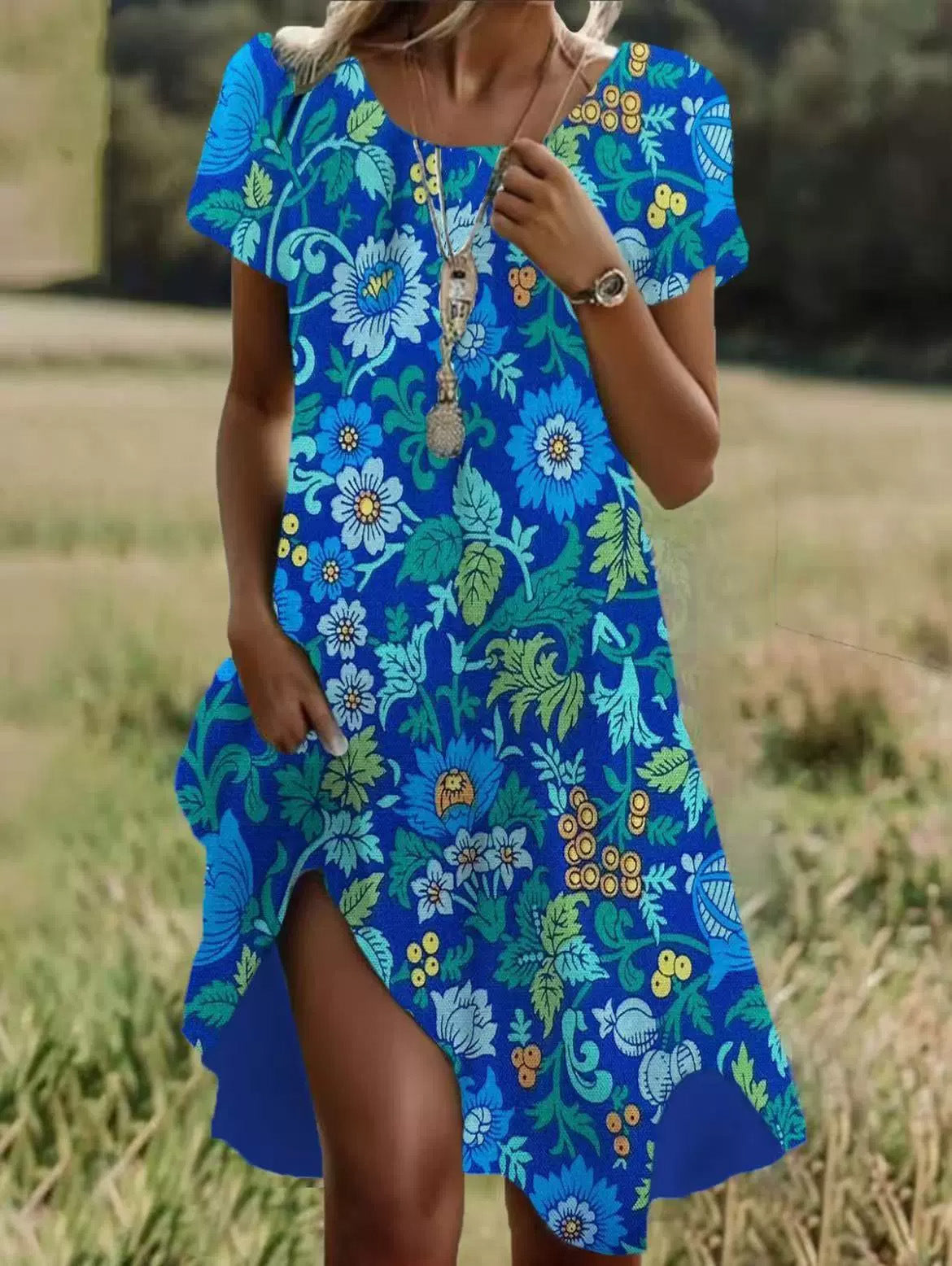 Women's V-Neck Midi Dress with Floral Pattern