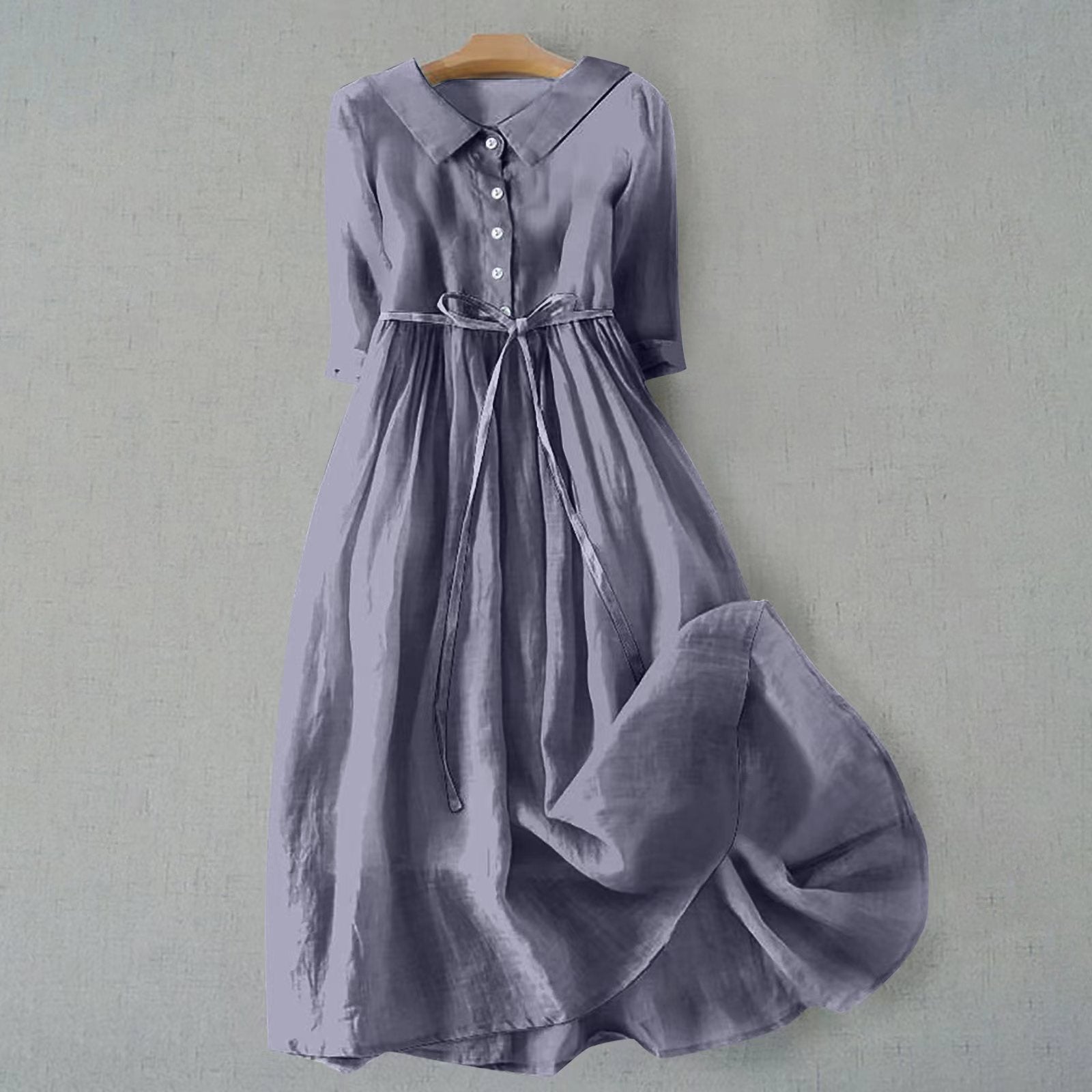 Women's Flared Midi Dress with Shirt Collar and Tie Belt