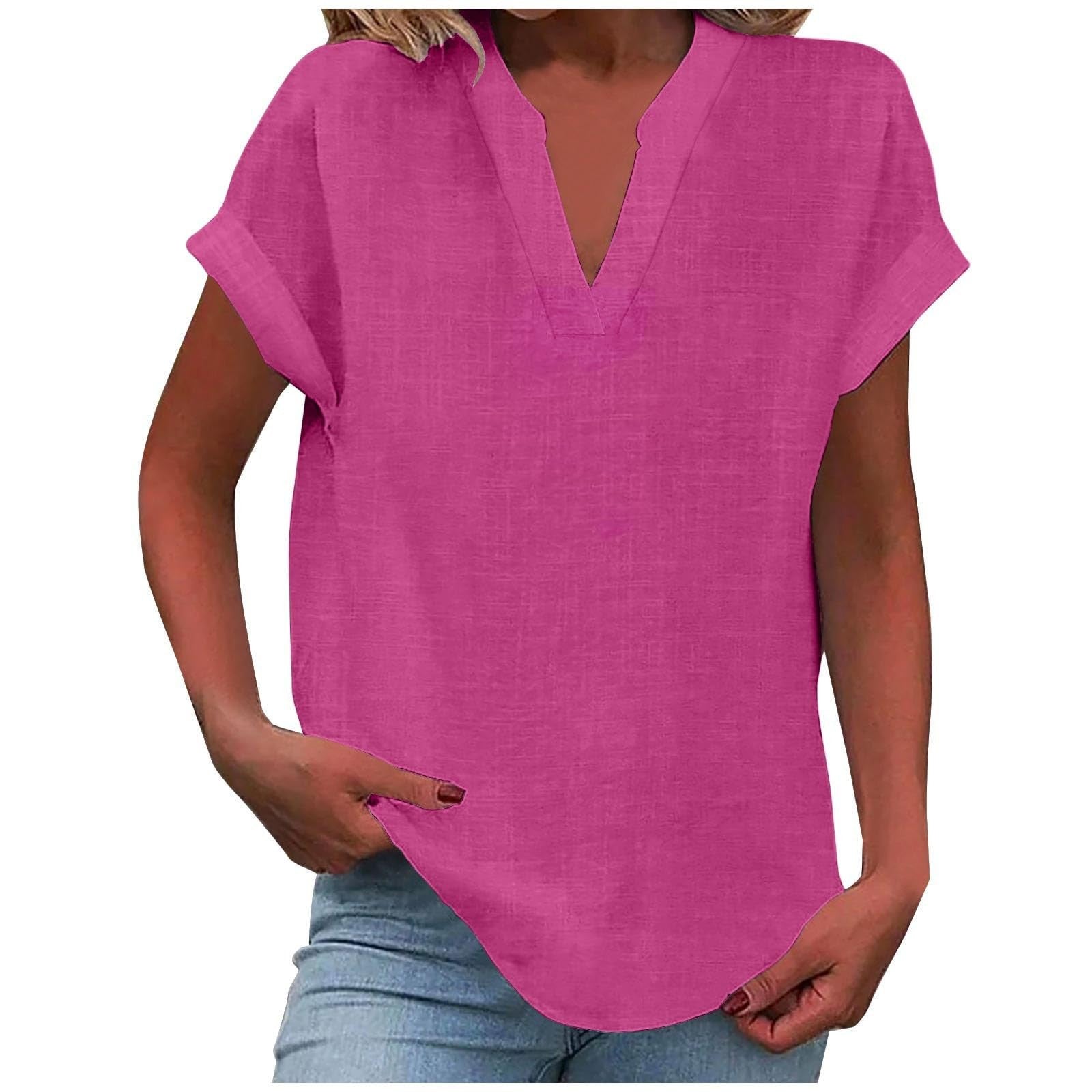 Top femme col V manches courtes coupe ample style décontracté
