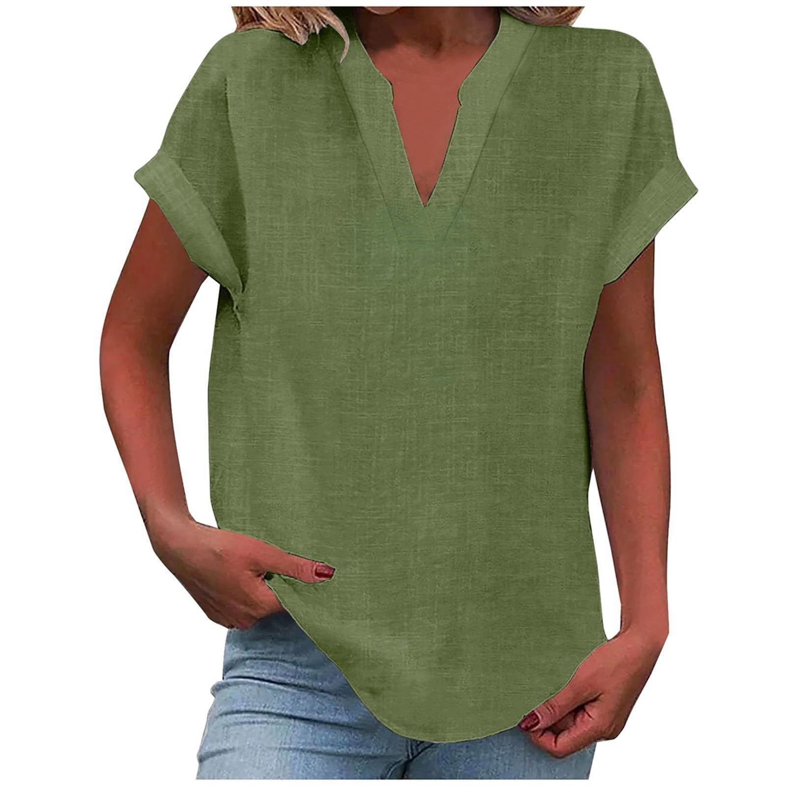 Top femme col V manches courtes coupe ample style décontracté