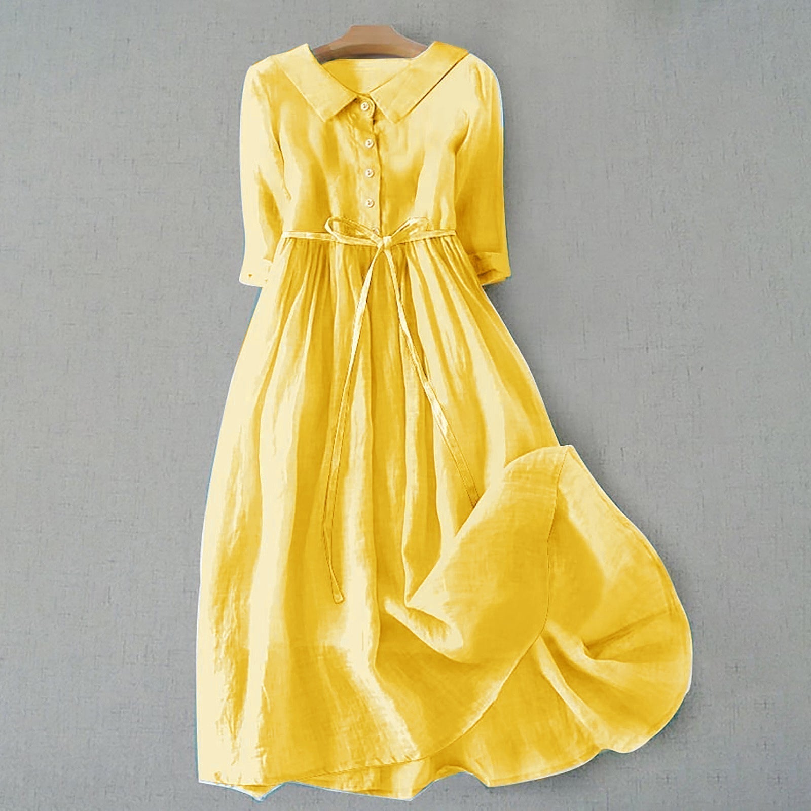Women's Flared Midi Dress with Shirt Collar and Tie Belt