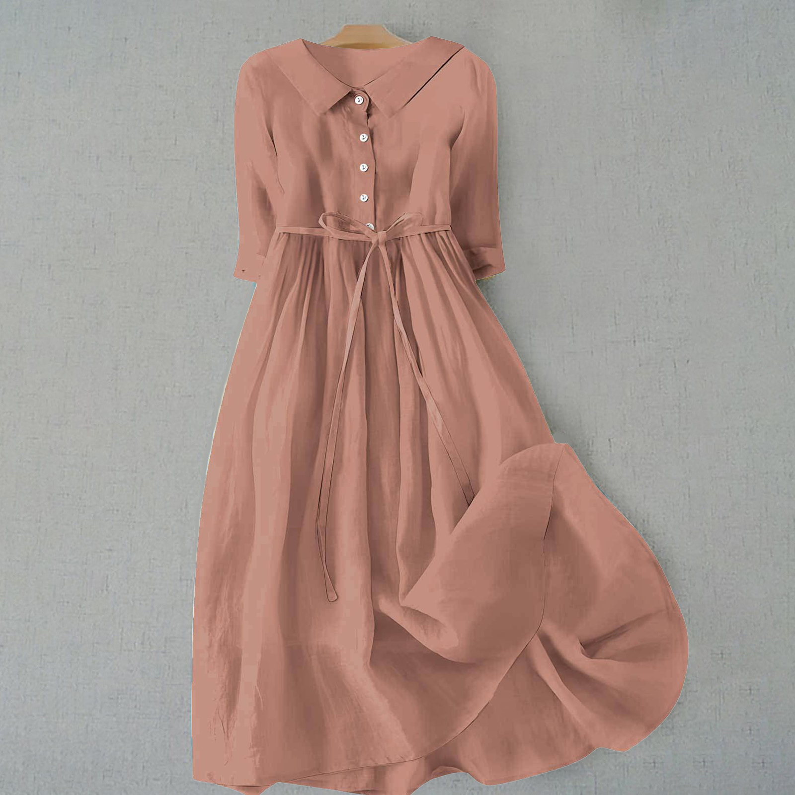 Women's Flared Midi Dress with Shirt Collar and Tie Belt