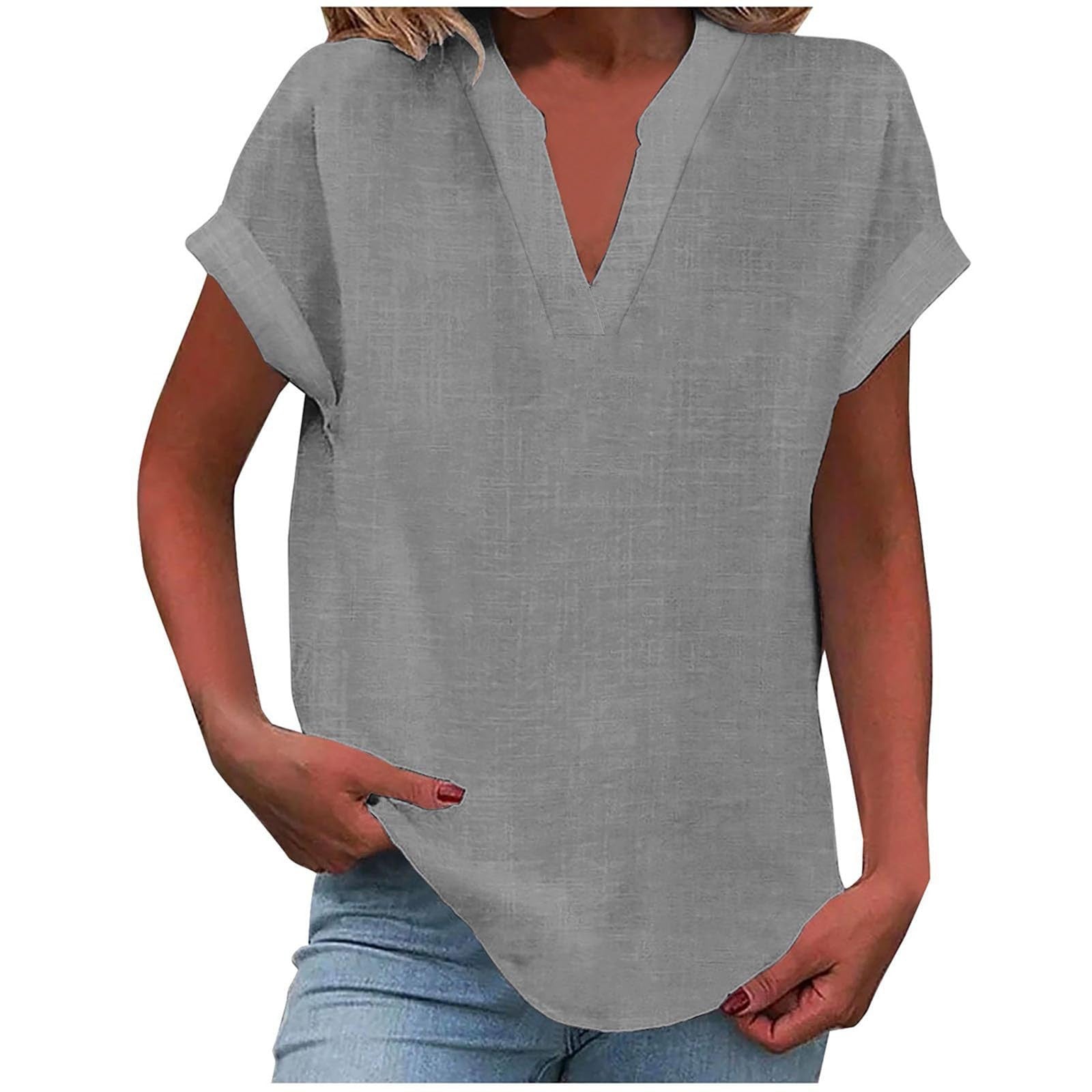 Top femme col V manches courtes coupe ample style décontracté