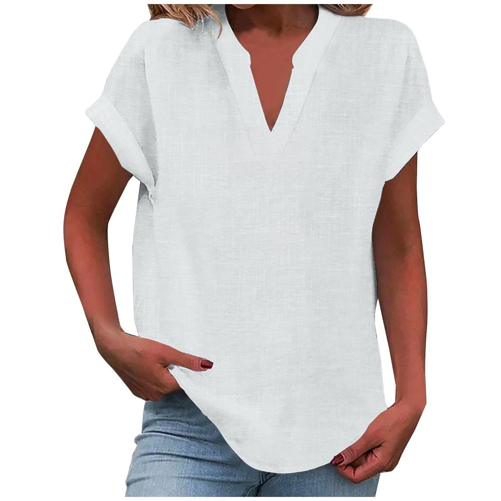 Top femme col V manches courtes coupe ample style décontracté