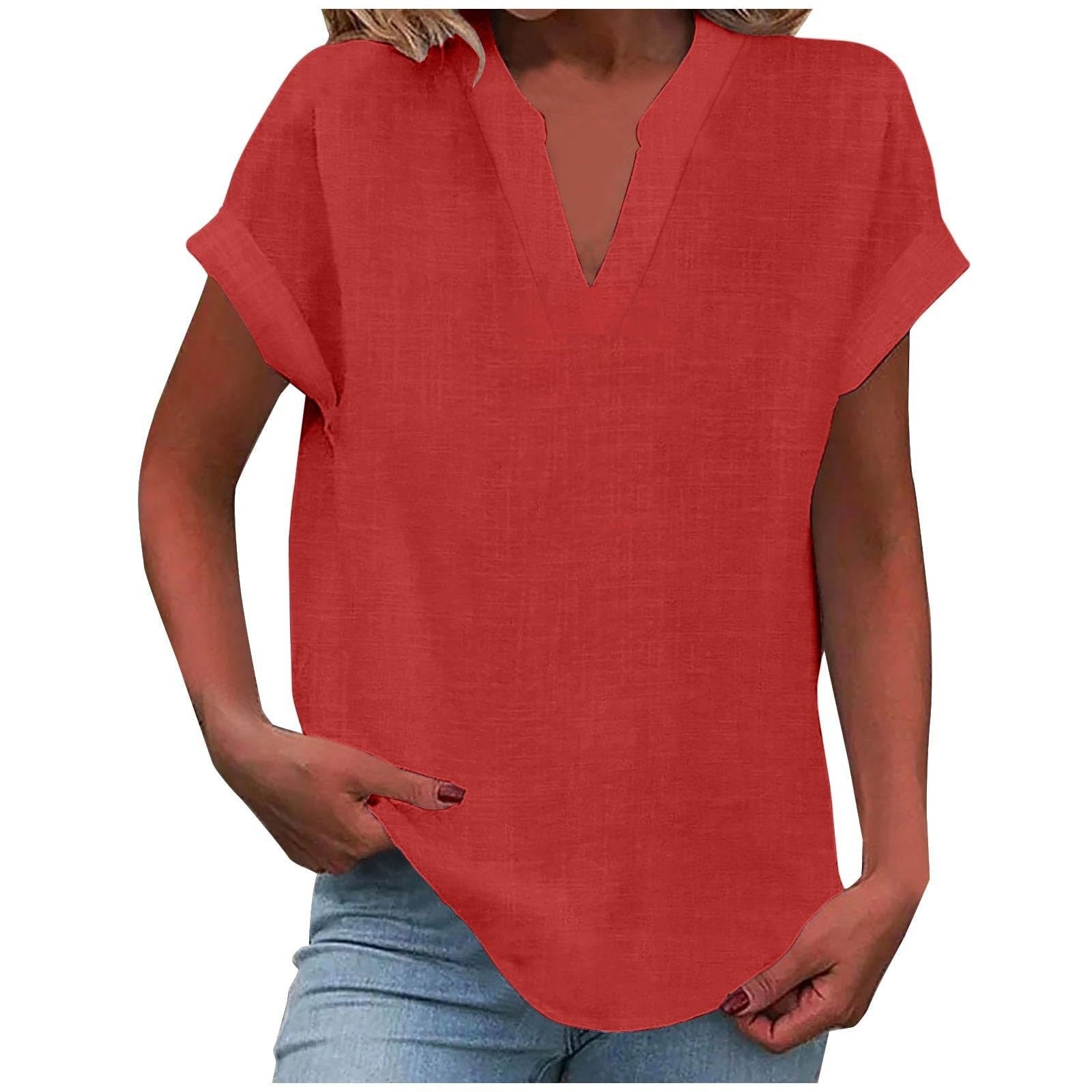 Top femme col V manches courtes coupe ample style décontracté