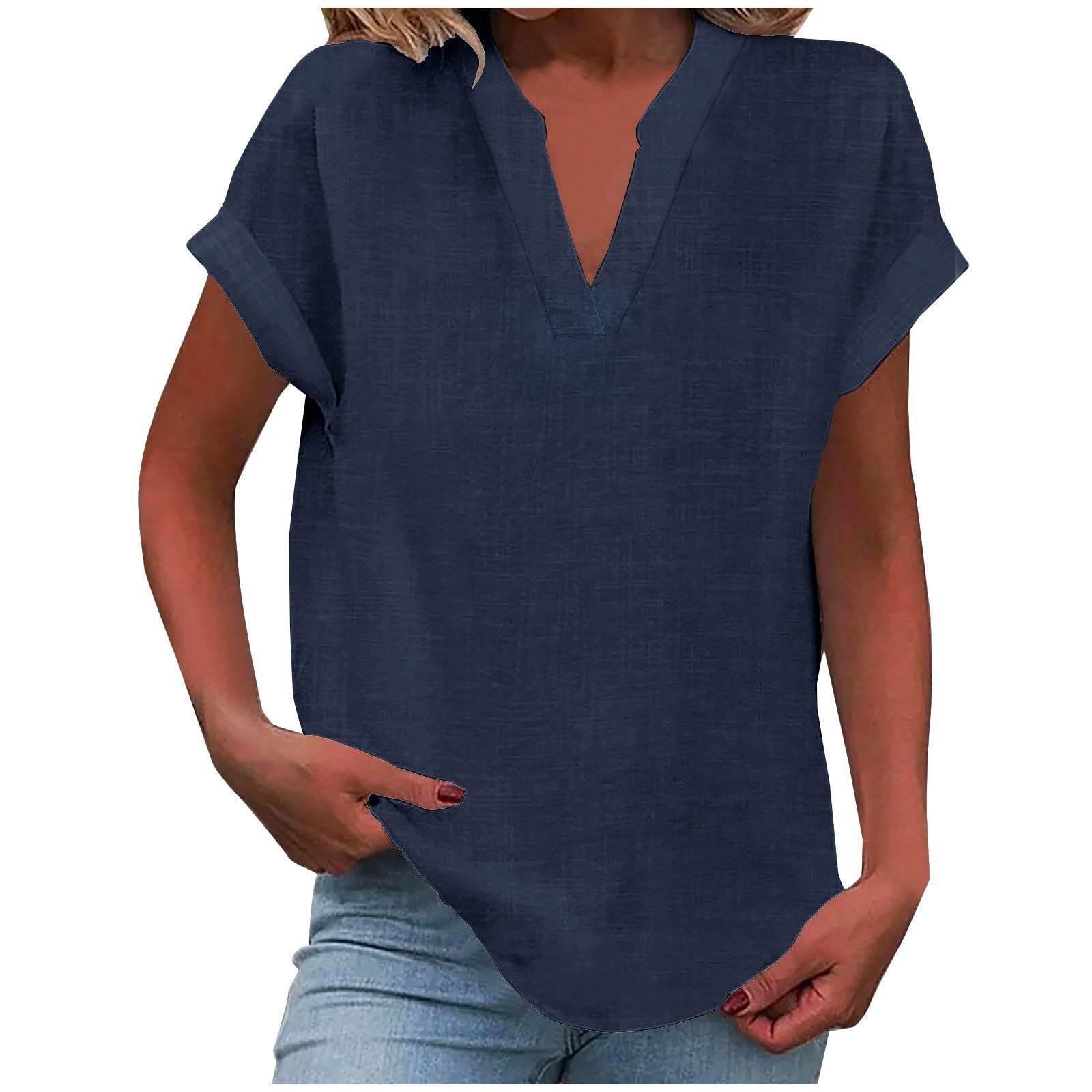 Top femme col V manches courtes coupe ample style décontracté