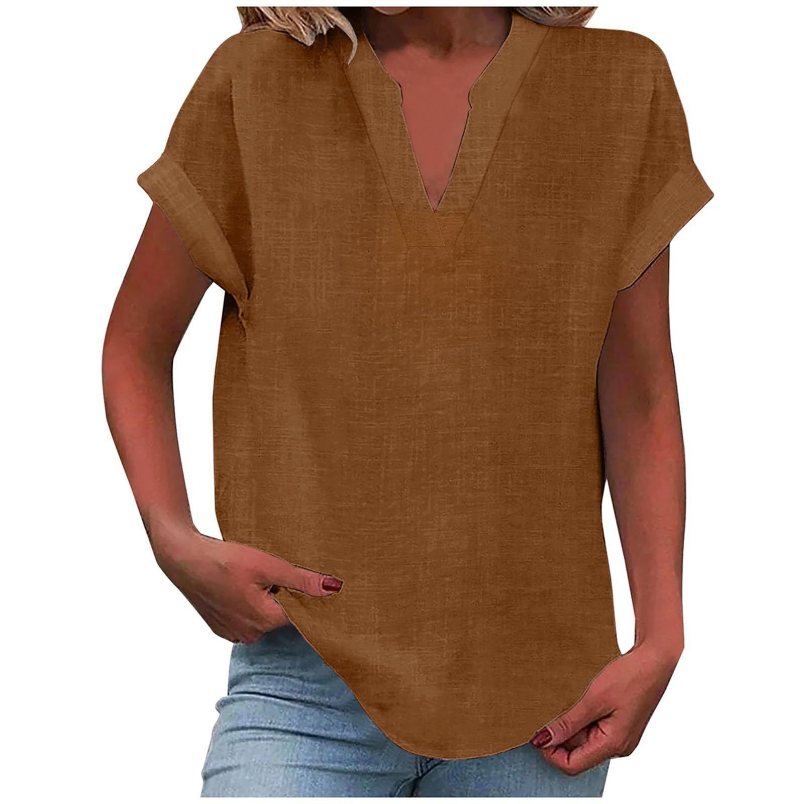 Top femme col V manches courtes coupe ample style décontracté