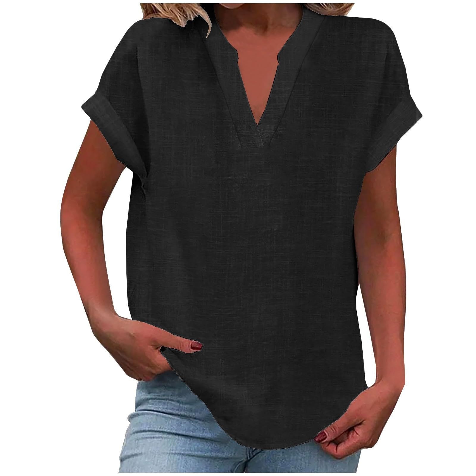 Top femme col V manches courtes coupe ample style décontracté