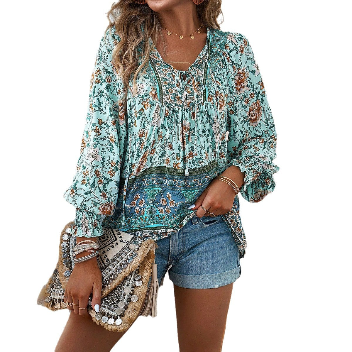 Blouse Bohème Femme Imprimée à Manches Longues