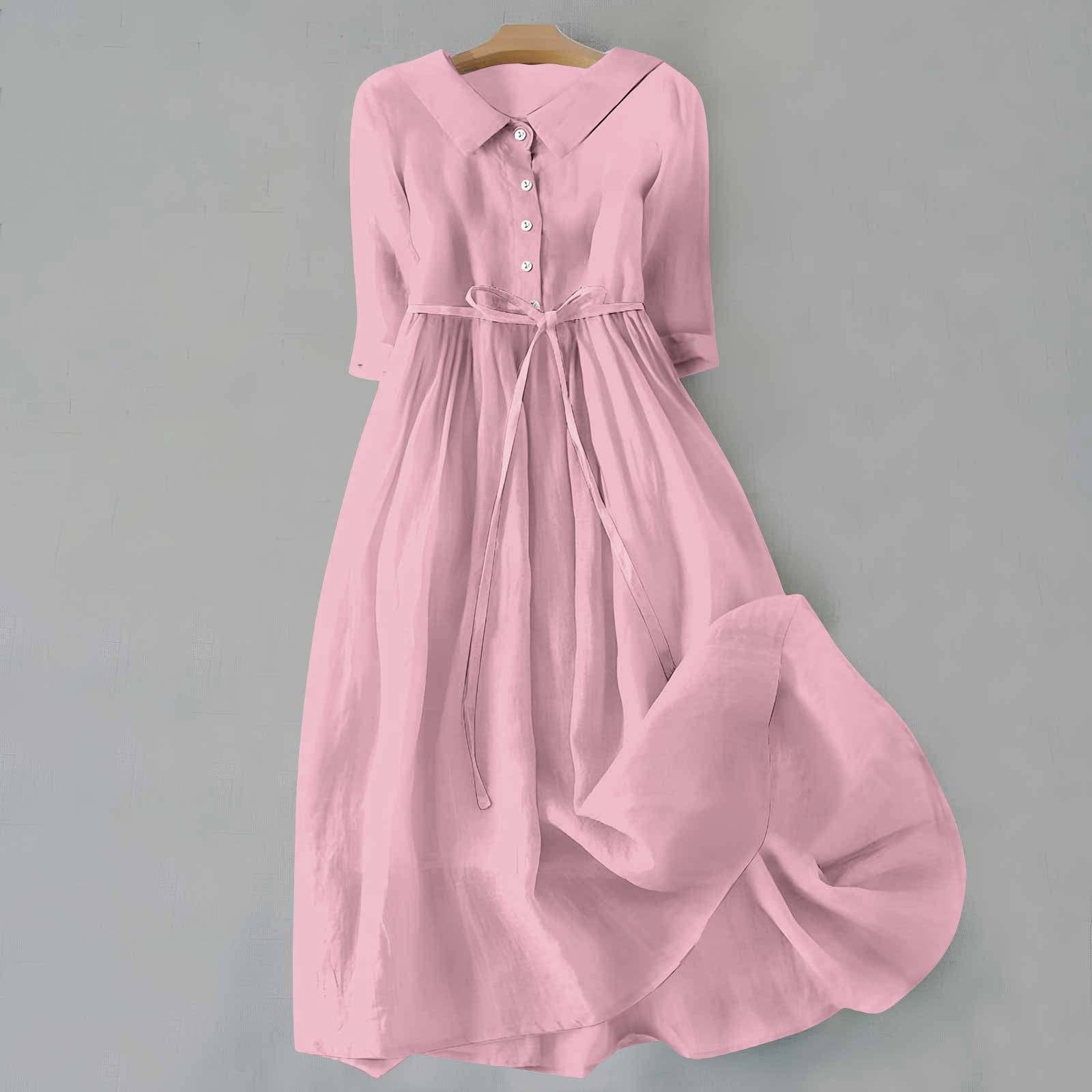 Women's Flared Midi Dress with Shirt Collar and Tie Belt