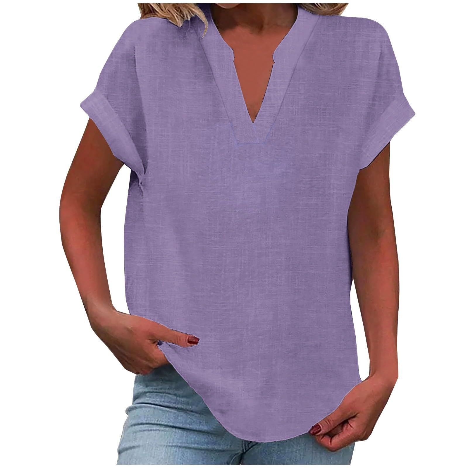 Top femme col V manches courtes coupe ample style décontracté