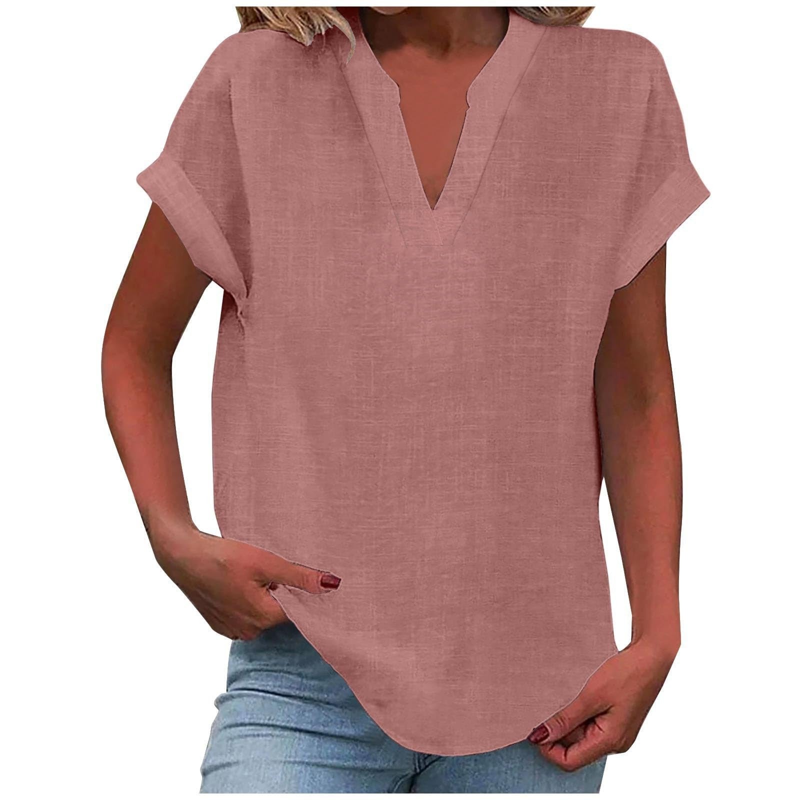 Top femme col V manches courtes coupe ample style décontracté